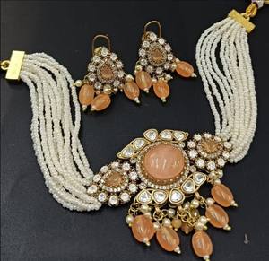 Fashionable Matt Gold Plated Polki Kundan Necklace <b>Set</b> Earrings Stylish <b>Jewellery</b> <b>for</b> <b>Wedding</b> and Anniversary Celebrations - Product Image 2