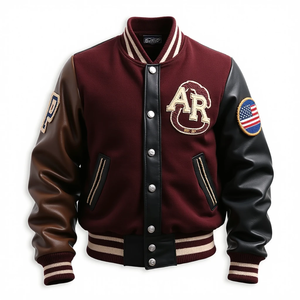 แจ็คเก็ตบอมเบอร์สไตล์วาร์ซิตี้ แขนหนัง ผลิตจากโรงงานโดยตรง รับผลิตตามแบบ OEM สไตล์เรโทร สำหรับนักเรียน/นักศึกษา กันน้ำ กันลม เหมาะสำหรับขี่มอเตอร์ไซค์ - Product Image 4