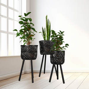 Woven <b>Bamboo</b> <b>Vases</b> with <b>Wooden</b> Legs Elegant Natural Design for Home Decor - Product Image 1