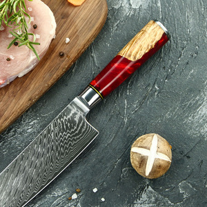 Vente en gros de coutellerie OEM ODM personnalisée Couteau professionnel japonais à manche en bois de résine rouge Couteau de chef damas Lame fixe - Product Image 4