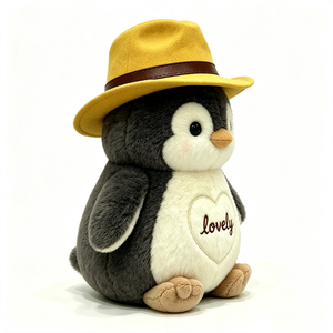 customized Cowboy penguin plush <b>toy</b>, Penguin <b>stuffed</b> animal with yellow fedora hat, Cute sitting penguin plush - Product Image 6
