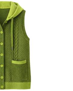 Gilet en tricot à capuche vert personnalisé, fabriqué par un fabricant, en laine acrylique, boutonné sur le devant, sans manches, cardigan d'hiver avec poches, OEM - Product Image 4