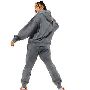 Unisex Vintage <b>Oversized</b> Acid Wash Tracksuit-Cozy Hooded <b>Joggers</b> and Loungewear Solid Pattern 2-in-1 Design for Fall Winter - Product Image 2