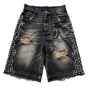Fabrication de vêtements baggy personnalisés et perlés pour hommes, shorts en jean streetwear avec broderie dégradée, nouveaux shorts en jean strass - Product Image 1