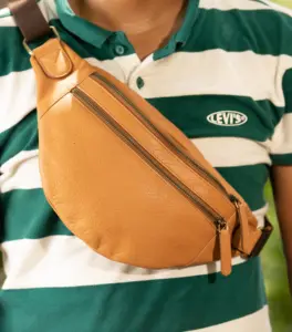 High Quality CB-Buff Calf Genuine Leather Tan Leather Chest Bag for Men with 2 Zipper Compartment