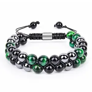 Boho Natural Black Agate Green Tiger Eye Gemstone Healing Crystal Stone Beaded Woven Chunky Wrap Bracelet For Women Men Jewelry