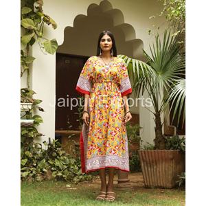 Longue robe d'été en coton imprimée bloc à la main, caftan en coton pour femmes, vêtements de plage décontractés pour femmes - Product Image 2
