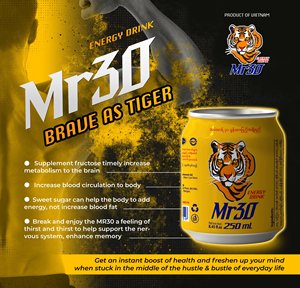 เครื่องดื่มชูกำลัง Mr30 แบบขายส่ง ขนาด 250 มล. บรรจุกระป๋อง 24 กระป๋อง/ลัง เครื่องดื่มกีฬาแปลกใหม่ รับผลิตแบบ OEM ODM จาก A&B เวียดนาม - Product Image 2