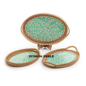 Plateau en rotin nacre verte plateau fait main de qualité supérieure ensemble de trois forme ovale en gros nouveau plateau de service en rotin - Product Image 1