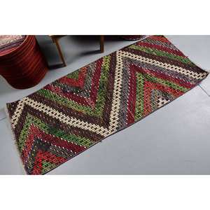 Tapis Vintage en Laine Kilim 2.2X5.6 pieds Vert Vert Patchwork Design pour Salon Décor Rectangle Motifs Abstraits Support en Latex - Product Image 2