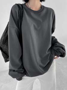 Sweat à col rond gris foncé surdimensionné pour femme coupe ample pull à manches longues Streetwear tenue décontracté design minimaliste uni - Product Image 6