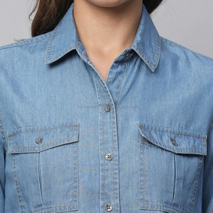 Nardon Apparel 100% camisas de mezclilla de algodón 2025 blusas de diseñador de verano para mujer camisa de mezclilla azul claro sólido informal - Product Image 6