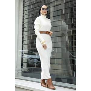 Crochet col roulé tricoté Hijab robe écru rayonne décontracté hiver automne été robe bouton décoration droite gaine naturel - Product Image 5