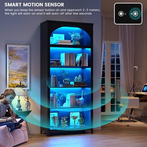 Libreria in Legno Illuminata con Arco Superiore, Scaffale Espositivo Aperto, Organizzatore per Casa, Ufficio e Negozio, Alta Libreria Nera - Product Image 5