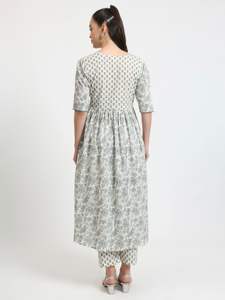 Kurta en coton imprimé fleuri pour femmes avec pantalon ensemble demi-manches col en V pour filles vêtements de fête gris blanc pour les saisons d'été et d'hiver - Product Image 6