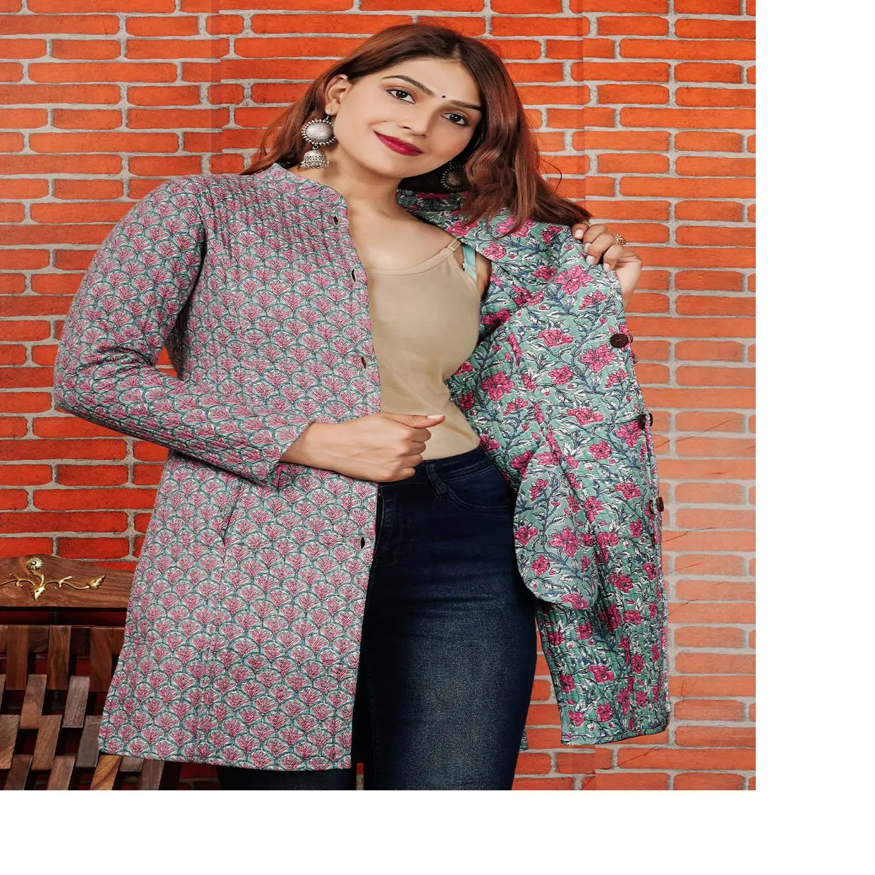 사용자 정의 만든 모든 새로운 독점 전체 소매 jaipuri 손 블록 인쇄 가역 재킷 여러 색상 꽃 디자인