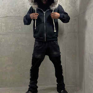 Fabricantes de ropa personalizado 400gsm 500gsm French Terry desgastado con capucha de piel desmontable con cremallera chaqueta con capucha para hombres - Product Image 4