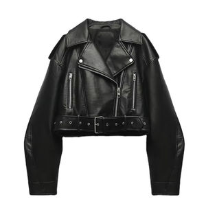 Veste courte en similicuir PU pour femme Glory Custom, printemps-automne, avec ceinture, style motard, fermeture éclair, col à revers, coupe ample, vêtement d'extérieur - Product Image 1