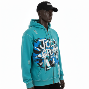 Sweat à capuche zippé en polaire épaisse de haute qualité, bleu sarcelle, imprimé graphique moderne sur la poitrine, logo personnalisé, confortable, décontracté, vêtements de sport basiques, sweat à capuche zippé - Product Image 4