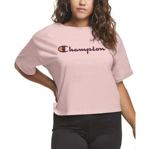 T-shirt da donna Champion aderente con logo, in jersey di cotone rosa, taglie XXS XS XL, lunghezza corta, traspirante con inserti in mesh e scritta - Product Image 1