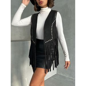 Topshow <b>Black</b> Tasseled Dropped Shoulder Suede <b>Vest</b> for Women - Stylish Wholesale Outerwear with Fringe Details - Product Image 4