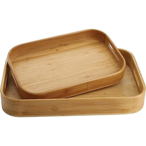 Plateau de service de petit déjeuner en bois massif avec poignées découpées Plateau de service à thé et café au prix de gros par Indian Metal World - Product Image 1