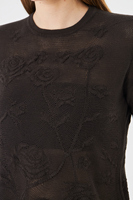 Blusa de punto con encaje y estampado de rosas para mujer - Top suave de manga corta con cuello redondo y botón trasero - Prenda de punto floral de verano