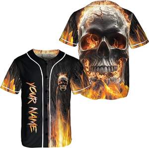Camiseta de béisbol de manga corta con gráfico de calavera de llama de los hombres con nombre personalizado ropa deportiva transpirable con cierre de botón - Product Image 1