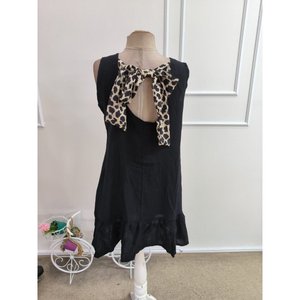 Robe courte à bretelles et col rond pour femme avec imprimé léopard, en viscose tissée à lacets, 35355 - Noir - Product Image 6