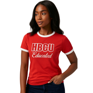 HBCU Educated Women Chenille Contrast Trim Ringer T Shirt Red with White Embroidered Letters Cotton Collegiate <b>Pride</b> Apparel - Product Image 1
