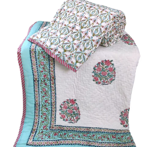 Couette réversible 100% coton fabriquée à la main bloc à la main imprimé Design traditionnel léger couette Queen Size pour l'hiver - Product Image 1