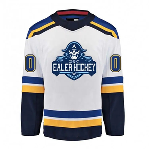 Camiseta de Hockey sobre Hielo para Hombre Ealer, Blanca, Azul y Amarilla, Cuello en V, Manga Larga, Logotipo Bordado, Corte Regular, Ropa para Adultos - Product Image 1