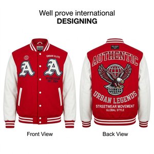 Veste universitaire personnalisée en toile 500 GSM, panneau contrastant rouge et blanc, broderie chenille, strass, manches en polyester, devant - Product Image 1