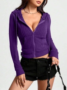 Sudadera con capucha de bolsillo de punto de costilla recortada para mujer de alta calidad, servicio OEM, transpirable, con cremallera completa, estilo sólido, informal, con cremallera a la venta - Product Image 3