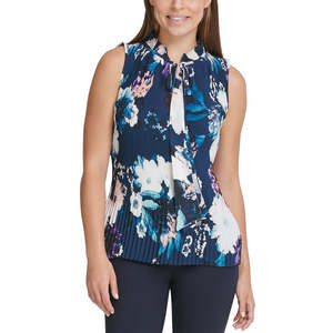 Top Corto Plissettato Floreale con Fiocco sul Colletto per Donna DKNY, Traspirante, Tessuto, Blu, Taglia L - Product Image 1