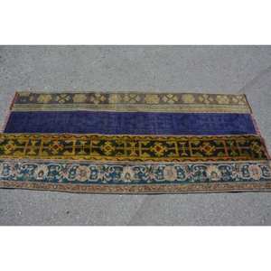 Tapis en laine Patchwork bleu brun traditionnel élevé 2.7 X 6.1ft fait à la main Vintage turc pour Boho chambre Rectangle couloir Latex - Product Image 3