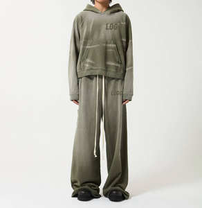 ชุดวอร์มสำหรับผู้ชายโอเวอร์ไซส์400gsm ผ้าเฟรนช์เทอร์รี่ทรงหลวมมีฮู้ดซีดซีดจางแนววินเทจ - Product Image 1