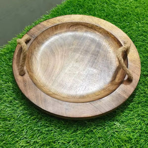High Quality Round Acacia Wood <b>Serving</b> <b>Tray</b> <b>with</b> <b>Handles</b> Quality Wooden Decorative Ottoman <b>Tray</b> Kitchen Living Room <b>Serving</b> Food - Product Image 1