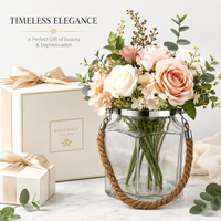 Vase en verre transparent à facettes avec poignée en corde et bordure métallique, porte-fleurs pour mariage, décoration de table à domicile, vente en gros, export