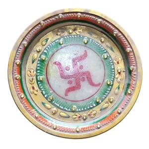 Beautiful Best Selling White Makrana Marble Gold Painted Pooja Thali Elegant <b>Gift</b> <b>Set</b> Design for Spiritual Use - Product Image 5