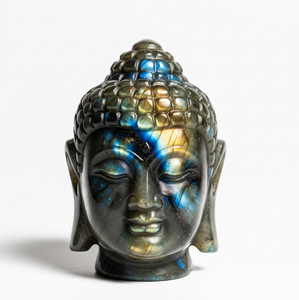 Regalo de negocios tallado a mano estatua de cabeza de Buda estatuilla labradorita piedra preciosa semipreciosa artesanía grabada India cristal curativo - Product Image 1