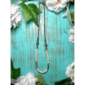 Navajo Strung Necklace Rhodium Plated Pink Conch & Sterling Silver Religious <b>Ball</b> Pattern with Diamond & Pearl Stones Gift - Product Image 1