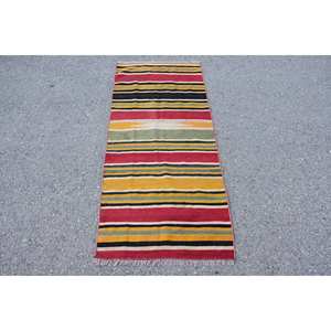 Modern Large Area Wool Rug 2.1 X 4.8ft <b>Red</b> Yellow Striped 10mm Thickness Abstract Pattern <b>Latex</b> Backed for Hallway Room Decor - Product Image 1