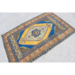 Tapis d'appoint vintage 3,8x5,7 pieds, tapis en laine patchwork bleu turc - Product Image 1
