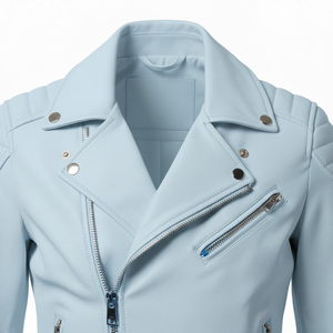 Veste de moto en cuir bleu clair sur mesure en gros, veste de motard en cuir véritable pour femmes, style biker, manteau pour femmes, approvisionnement en usine en vrac, OEM - Product Image 5