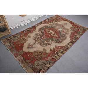 Alfombra turca Vintage, rojo, Beige, 4,2x7,2 pies, área grande de lana, diseño de retales tradicional ecológico para pasillo, dormitorio, látex - Product Image 2