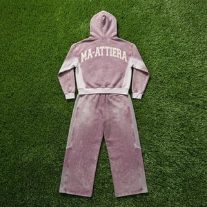 Custom Women Acid Wash Mauve Pink <b>Cropped</b> Hoodie Wide Leg <b>Jogger</b> Set Cotton Fleece Streetwear Tracksuit OEM Wholesale - Product Image 5