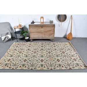 Alfombra turca vintage de área grande, 4,6x7,6 pies, clásica, Beige, verde, patrón de retazos, Material de lana, respaldo de látex para dormitorio, pasillo - Product Image 1