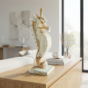 Handcrafted <b>wooden</b> seahorse sculpture <b>rustic</b> teak carved aquatic animal statue coastal ocean table floor accent decoration setup - Product Image 3