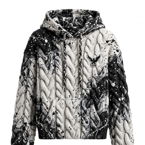 Black <b>White</b> 100% Cotton Cable Knit Texture Winter Pullover <b>Hoodie</b> Drawstring Hood Kangaroo Pocket Printed Splatter Pattern - Product Image 1